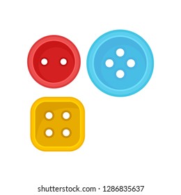 Two round and one square clothes button. Sewing accessories. Flat vector elements for poster of handicraft store
