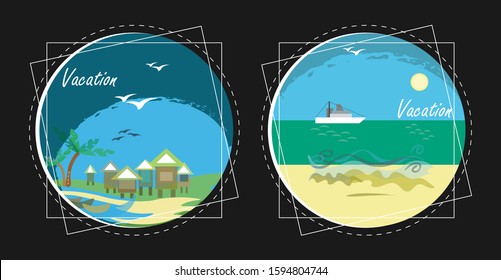 Two round pictures, icons, pictograms on the theme of vacation. Huts and palm trees in the tropics. Cruise liner in the ocean. Vector set