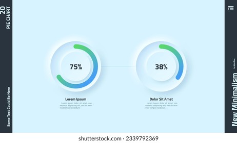 Dos gráficos circulares con indicación porcentual. Concepto de comparación de 2 proyectos empresariales en los que se ha avanzado. Plantilla de diseño de infografía neumórfica. Ilustración vectorial moderna para banner.