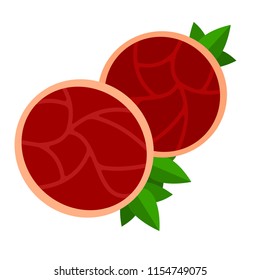 Two round pieces of beef ham with oregano vector flat material design isolated on white