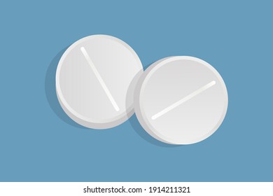 Two round pills vector flat illustration isolated on blue background. White drugs, painkillers, antibiotics, and vitamin tablets. Medical pills, medicaments to treat illness, pain, and viruses.