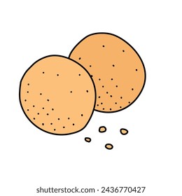 Two round shortbread cookies with crumbs, doodle style vector