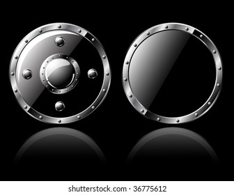 Two Round Steel Shiny Shield Isolated On Black - Vector