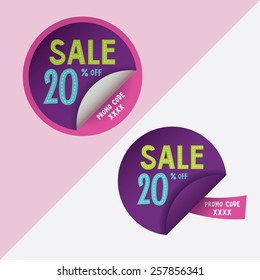 Two round stickers with 20% discount and promo code for web site, for web banners. Eps10 vector