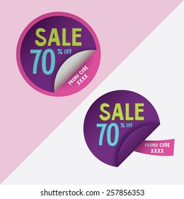 Two round stickers with 70% discount and promo code for web site, for web banners. Eps10 vector