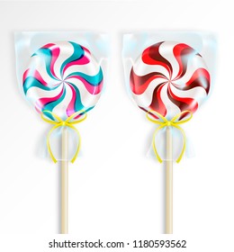 Two round striped lollipops packed in transparent cellophane bags or packs with a decorative yellow ribbons. Realistic 3D Vector illustration isolated on white background.