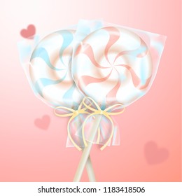 Two round striped pastel pink and blue color lollipops with decorative ribbon and blurred hearts. Couple candies on sticks. Realistic 3D Vector illustration romantic background.