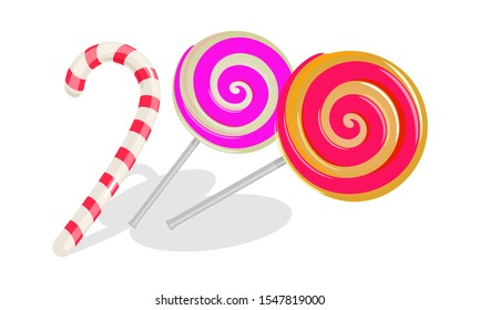 Two round swirl lollipops and white with red stripes candy cane. Sweets, goodies for kid s birthday, christmas celebration. Cartoon vector illustration isolated on white background.