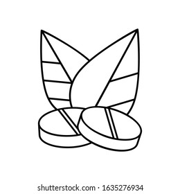 Two round tablets with leaves icon. Linear medicine logo. Black simple illustration of herbal therapy. Contour isolated vector image on white background. Symbol of homeopathic pill treatment