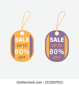 Two round tags promotion labels, flat design style, purple and yellow color, vector illustration