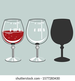 two round transparent wine glasses on the leg, one empty and the other with a red drink inside, and the same silhouette, vector clip art