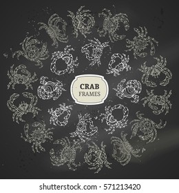 Two round vector chalk crab frames. Hand-drawn chalk doodles crabs on blackboard background.
