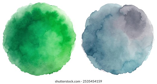 Two round watercolor paintings of different colors. One is green and the other is blue. The paintings have a natural and calming feel to them
