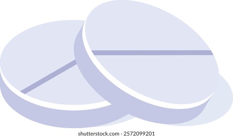 Two round white medical pills with a score line are slightly overlapping, suggesting a dose of medication ready for consumption, promoting health and wellness