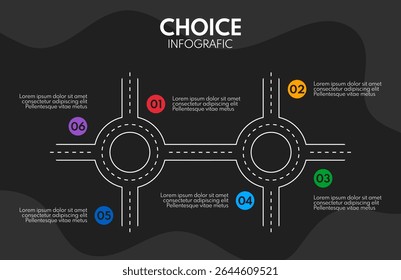 two roundabout with 6 exits, round crossroad vector infograpjic, white chart on black background