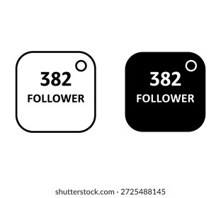 Two rounded badges showing 382 followers in white and black backgrounds with a small circle in the corner