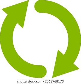 Two rounded green arrows rotating in a clockwise direction, representing a continuous cycle of refreshing and repeating actions, embodying the concept of endless motion and progress