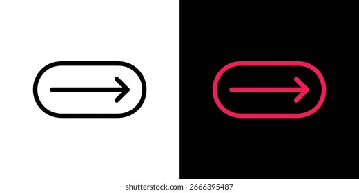 Dois ícones de seta arredondada para a direita, um preto sobre branco e um rosa sobre preto, colocados lado a lado, mostram o contraste e a direcionalidade no design.
