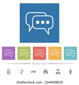 Two rounded square active chat bubbles outline flat white icons in square backgrounds. 6 bonus icons included.