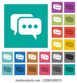 Two rounded square active chat bubbles solid multi colored flat icons on plain square backgrounds. Included white and darker icon variations for hover or active effects.