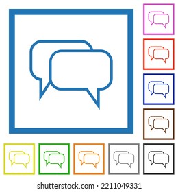 Two rounded square chat bubbles outline flat color icons in square frames on white background