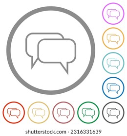 Two rounded square chat bubbles outline flat color icons in round outlines on white background