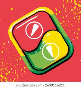 Dois quadrados arredondados com símbolos de jogo em vermelho e amarelo com borda verde em um fundo manchado vermelho