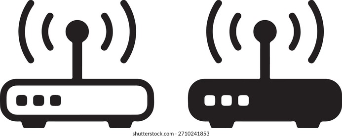 Dos iconos de enrutador en blanco y negro, que representan la conexión inalámbrica a Internet. Diseño sencillo y limpio para conceptos de tecnología y redes.