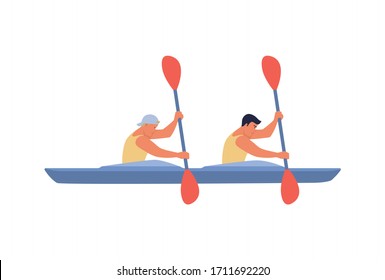 Two rowers swim in a boat. Vector illustration in flat design style, the concept of water sports, boating.