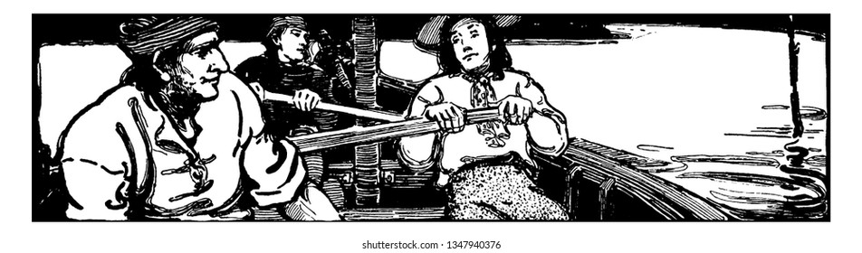Two rowing boat across river, vintage line drawing or engraving illustration
