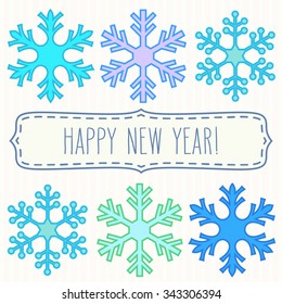 Two rows of blue snowflakes and a frame with New Year greetings.