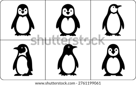 Two rows of cartoon penguins with distinct poses separated by grid lines in charming graphic style