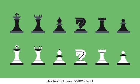 Two rows of chess pieces, with black pieces at the top and white pieces at the bottom displayed in a flat geometric style on a green background