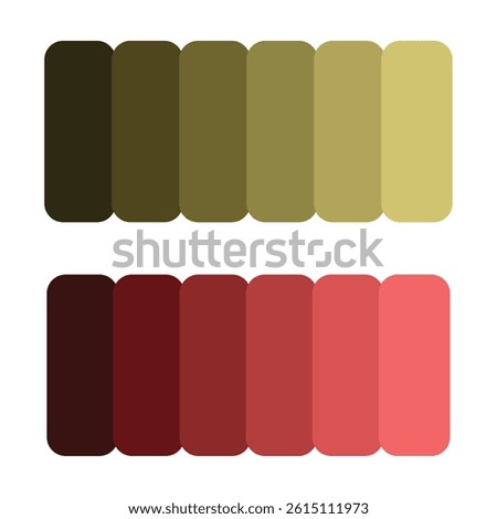 Two rows of color palettes, showcasing a gradient of olive green and a gradient of red tones.