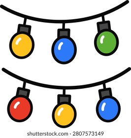Two rows of colorful hanging string lights with red, yellow, blue, and green bulbs.