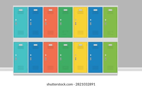 Two rows of colorful school metal lockers in light blue, dark blue, red, green, and yellow on a grey background.