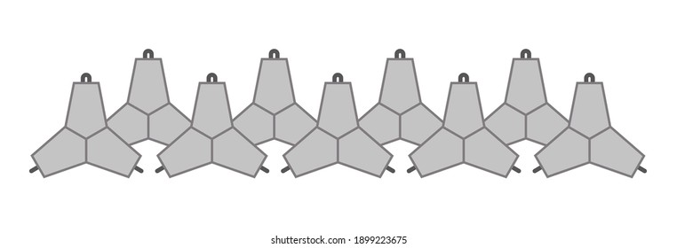 Dos filas de tetrápodos de hormigón. Vector aislado en blanco.