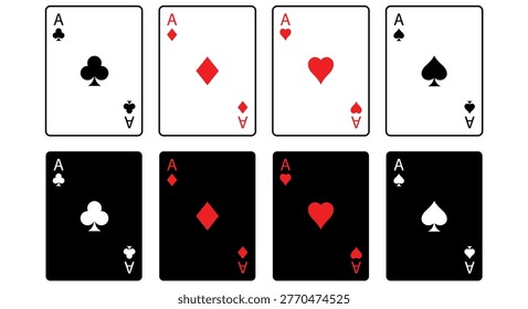 Two rows of four aces all suits spades hearts diamonds clubs. Top row classic white cards bottom row black cards. Minimalist vector for poker or casino graphics.