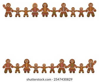 Two rows of gingerbread figures holding hands. Decorative gingerbread cookies, men, women and children, forming families, groups, and teams, expressing friendship, teamwork and a peaceful society.