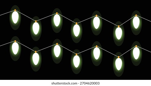 Two rows of glowing white Christmas lights on a black background string lights holiday lights