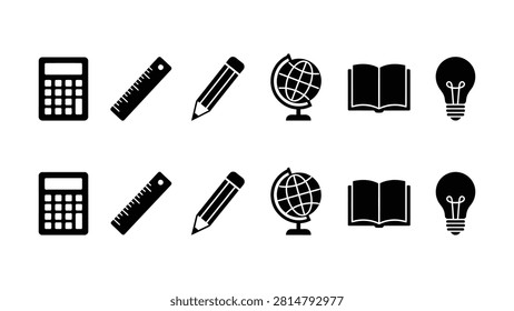 Two rows of icons showing calculator ruler pencil globe open book and light bulb