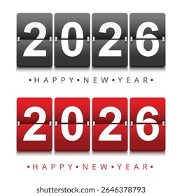 Duas linhas de número de flip mecânico exibe 2026 lido com Feliz Ano Novo abaixo de preto e vermelho