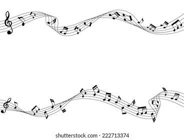 Two rows of musical notes element are flowing on chords pattern. 
Musical notes rounded corners style. Music, melody, and tones movement on isolated backgrounds are conveyed in vector illustrations.