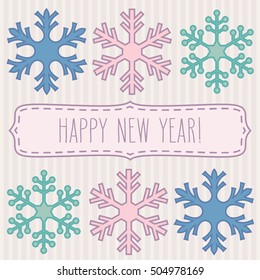 Two rows of pastel colored snowflakes and a frame with New Year greetings.