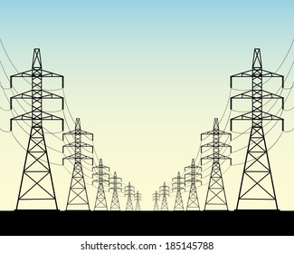 two rows of power line poles on a blue background