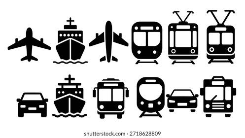 two rows of transportation icons set vehicles symbols