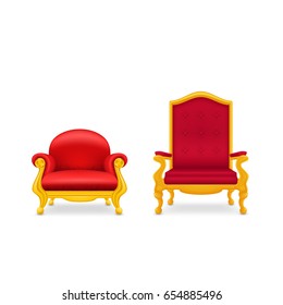 Two Royal Armchairs Of Gold. Red Throne. Isolated On White Background.