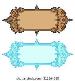 two royal blue and brown banners or frames from line pattern isolated on white