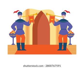 Two royal guards wearing uniforms and feathered hats holding golden trumpets stood at the entrance of the castle. Character design. Vector flat illustration