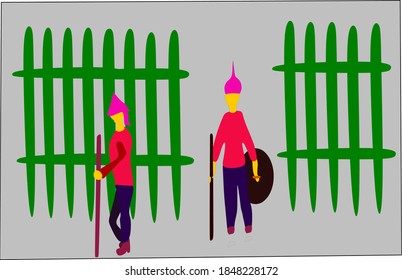 dos tropas reales se custodiaron frente a la puerta para evitar que el enemigo entrara. con equipo para la guerra